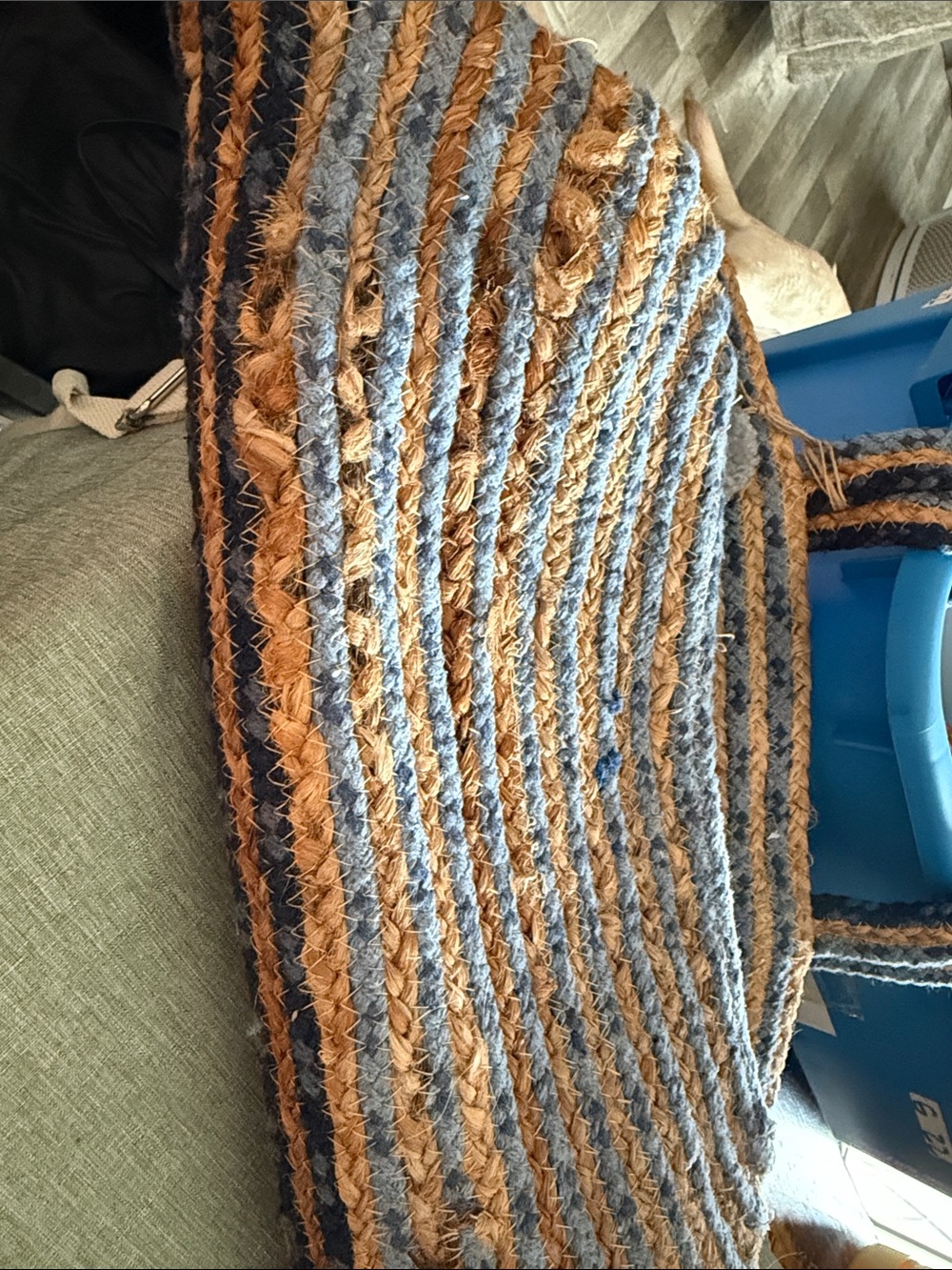 Handwoven Blue and Tan Straw Tote with Pom Tassel - Picture 3 of 5